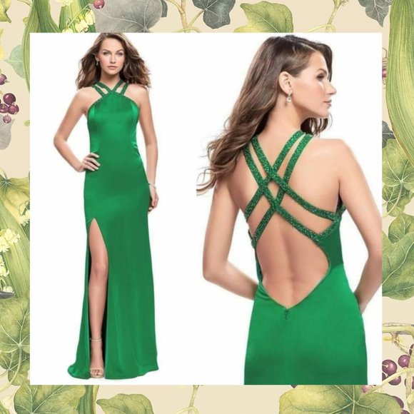 La Femme Dresses & Skirts - NWT LA FEMME High Halter Beaded Sheath Satin Gown